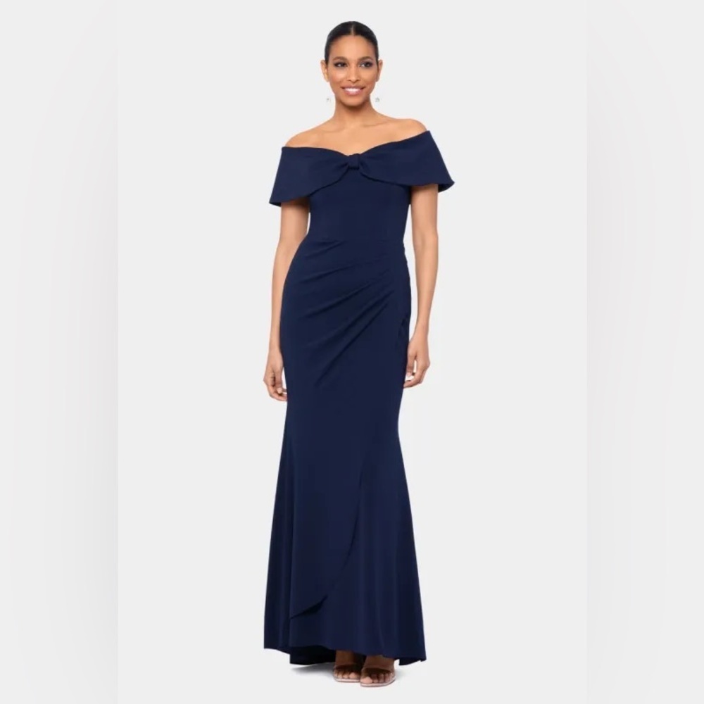 NWT XSCAPE Scuba Off‎ Shoulder Ruched Navy Bow Gown Size 12